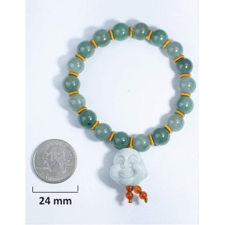 Laughing Buddha Jade Bracelet, Real Grade A Certified Burma Jadeite for Happiness and Wealth, Elastic Band