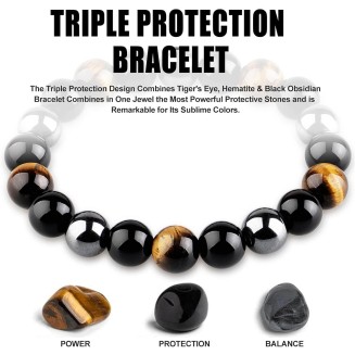 Triple Protection Bracelet, Black Obsidian Tiger Eye Stone Hematite Wealth Bracelets for Men Women for Bring Luck and Prosperity, Beaded Buddha Crystals Rope Stretch Bracelet