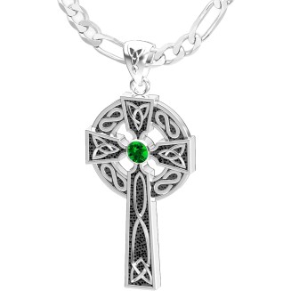 Men's 1.5in 925 Sterling Silver Simulated Emerald May Birthstone Irish Celtic Knot Cross Pendant Necklace, 22in to 26in