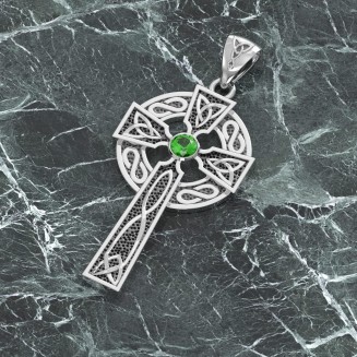 Men's 1.5in 925 Sterling Silver Simulated Emerald May Birthstone Irish Celtic Knot Cross Pendant Necklace, 22in to 26in