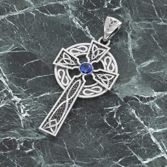 Men's 1.5in 925 Sterling Silver Synthetic Sapphire September Birthstone Irish Celtic Knot Cross Pendant Necklace, 22in to 26in