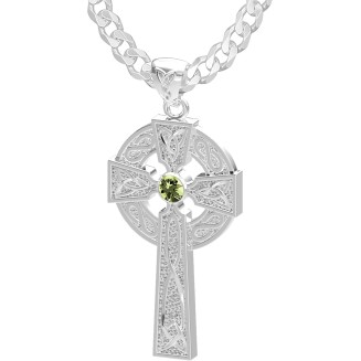 Men's Polished 1.5in 925 Sterling Silver Genuine Peridot August Birthstone Irish Celtic Knot Cross Pendant Necklace, 22in to 26in