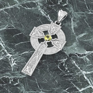 Men's Polished 1.5in 925 Sterling Silver Genuine Peridot August Birthstone Irish Celtic Knot Cross Pendant Necklace, 22in to 26in