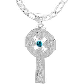 Men's Polished 1.5in 925 Sterling Silver Genuine Blue Zircon December Birthstone Irish Celtic Knot Cross Pendant Necklace, 22in to 26in